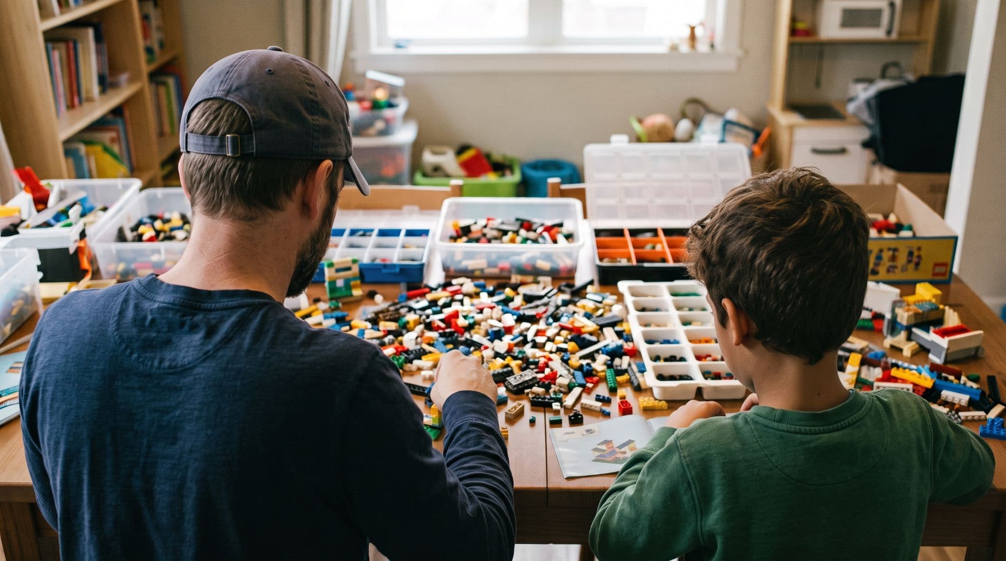 A parent and child sorting piles of colorful bricks into trays at a kitchen table